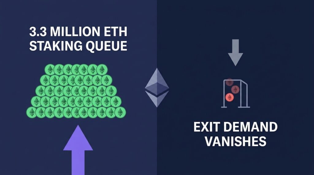 Ethereum Staking Queue Surges Past 3.3 Million ETH as Exit Demand Nearly Vanishes