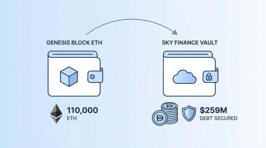 Genesis-Block Ethereum Wallet Moves 110,000 ETH Into Sky Finance Vaults to Shore Up $259M DAI Debt