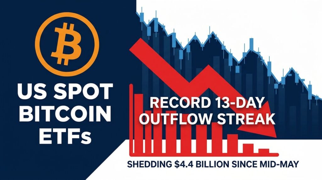US Spot Bitcoin ETFs Hit Record 13-Day Outflow Streak, Shedding $4.4 Billion Since Mid-May