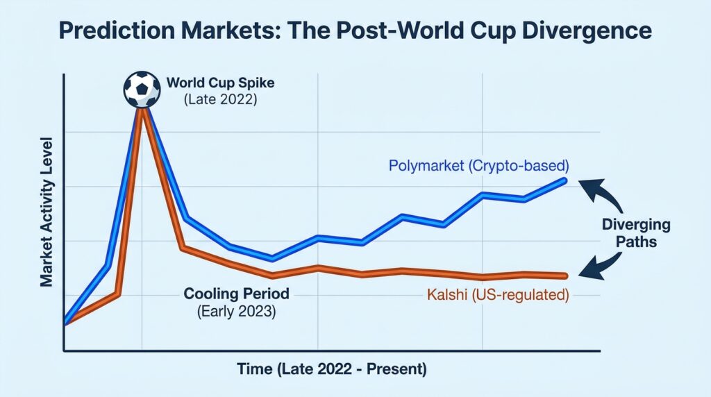 Prediction Markets Cool After World Cup Spike as Polymarket and Kalshi Chart Diverging Paths