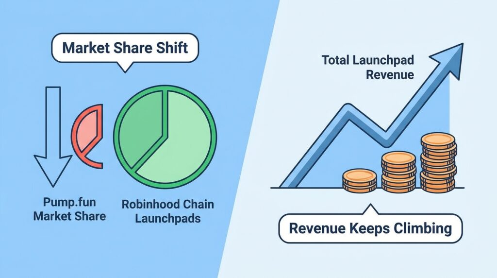 Robinhood Chain Launchpads Capture Pump.fun Market Share, Yet Total Launchpad Revenue Keeps Climbing